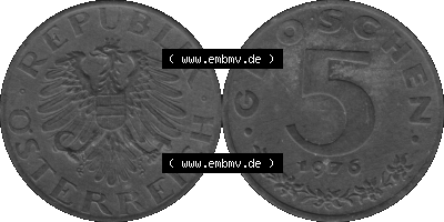 Österreich 5 / Fünf Groschen in s/w / grau / Graustufen 1948-1994, 5 Groschen 1976 (Stück 1) Graustufen Sammlung