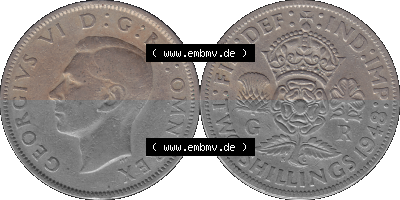 Alte Münze Großbritannien, Bild in Farbe bzw. Color PNG-Grafik, Umlaufmünze aus dem Zeitraum 1947-1948, 2 Schilling-Florin,... Sammlung