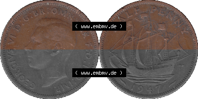 Großbritannien Umlaufmünze Half Penny, 1/2 Pence 1937-1948, Half Penny 1947 (Stück 1), George VI. GEORGIVS VI D-G-BR-OMN-REX... Sammlung