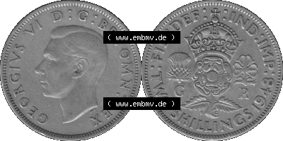 Alte Münze Großbritannien, Bild in s/w bzw. Graustufen PNG-Grafik, Umlaufmünze aus dem Zeitraum 1947-1948, 2 Schilling-Florin,... Sammlung