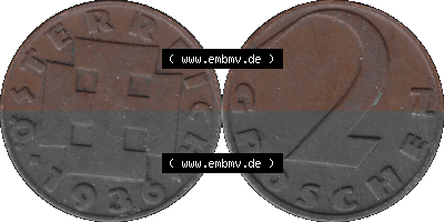 2 / Zwei Groschen Österreich in original Farbgebung von Scanner transparenten PNG 1925-1938, 2 Zwei Groschen, Krückenkreuz 1936... Sammlung