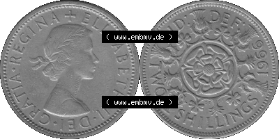Alte Münze Großbritannien, Bild in s/w bzw. Graustufen PNG-Grafik, Umlaufmünze aus dem Zeitraum 1954-1970, 2 Schilling-Florin,... Sammlung