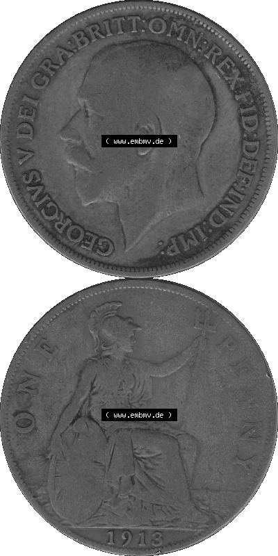Großbritannien Umlaufmünze One Penny, 1 Pence 1911-1926, 1 One Penny, 1913 (Stück 1), George V, B.M. GEORGIVS V DEI GRABRITTOMNREX... Sammlung