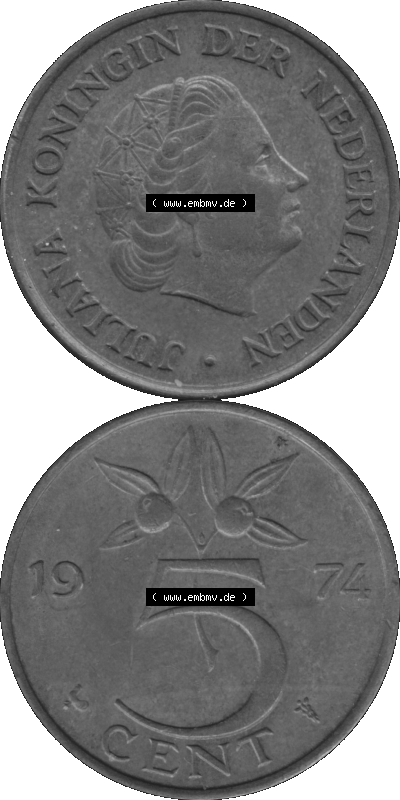 Alte Münze Niederlande in Grau 1950-1980, 5 Cent Königin Juliana 1974 (Stück 1) Graustufen, Nederland Sammlung