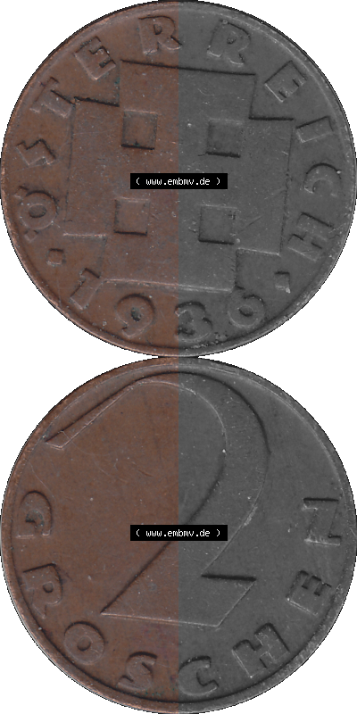 2 / Zwei Groschen Österreich in original Farbgebung von Scanner transparenten PNG 1925-1938, 2 Zwei Groschen, Krückenkreuz 1936... Sammlung
