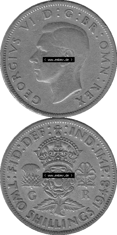 Alte Münze Großbritannien, Bild in s/w bzw. Graustufen PNG-Grafik, Umlaufmünze aus dem Zeitraum 1947-1948, 2 Schilling-Florin,... Sammlung