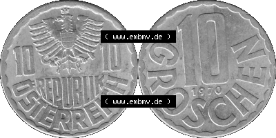 10 / Zehn Groschen Österreich in s/w Schwarzweiß bzw. Graustufen Farbgebung von Scanner transparenten PNG 1951-2001, 10 Groschen... Sammlung