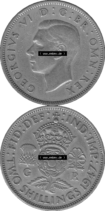 Alte Münze Großbritannien, Bild in s/w bzw. Graustufen PNG-Grafik, Umlaufmünze aus dem Zeitraum 1947-1948, 2 Schilling-Florin,... Sammlung