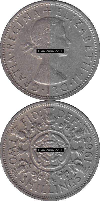 Alte Münze Großbritannien, Bild in Farbe bzw. Color PNG-Grafik, Umlaufmünze aus dem Zeitraum 1954-1970, 2 Schilling-Florin,... Sammlung