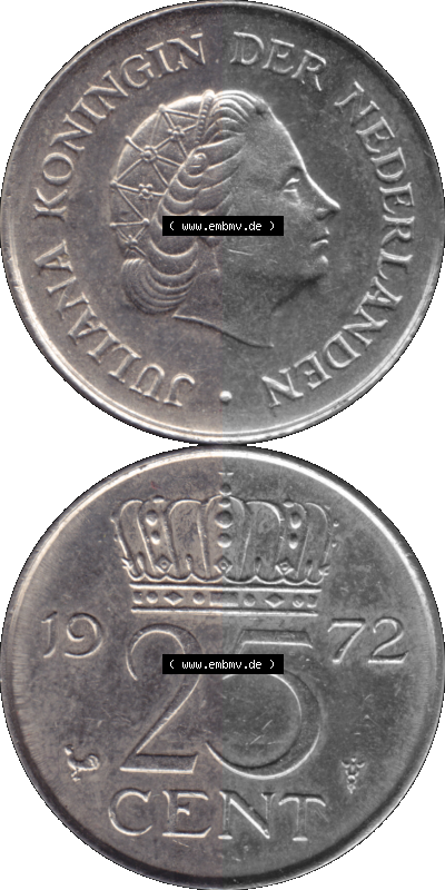 Alte Münze Niederlande in Farbe 1950-1980, 25 Cent Königin Juliana 1972, Fünfundzwanzig Cent Sammlung
