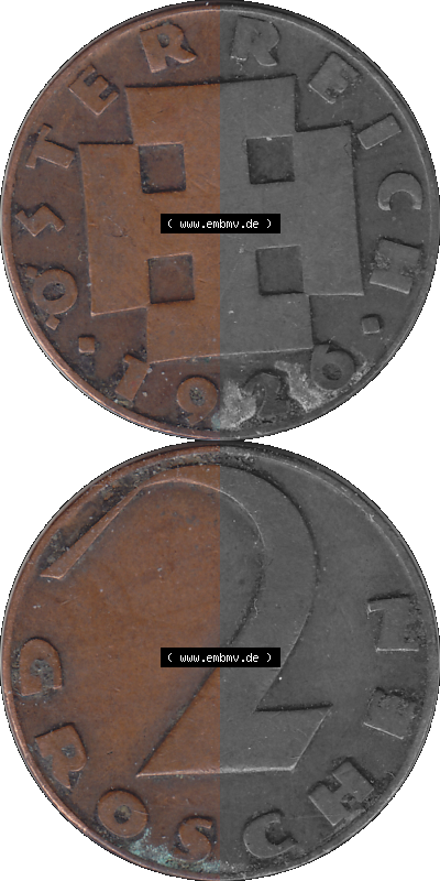 2 / Zwei Groschen Österreich in original Farbgebung von Scanner transparenten PNG 1925-1938, 2 Zwei Groschen, Krückenkreuz 1926... Sammlung