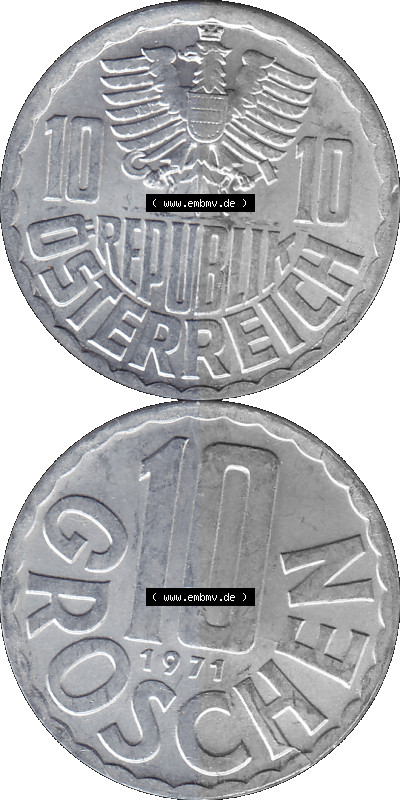 10 / Zehn Groschen Österreich in original Farbgebung von Scanner transparenten PNG 1951-2001, 10 Groschen 1971 (Stück 1) Sammlung
