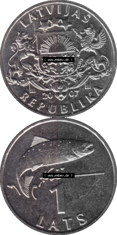 Lettland Umlaufmünze 1992-2008, 1 Lats 2007 (Stück 1), Atlatischer Lachs Sammlung