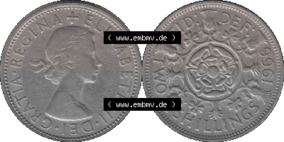 Alte Münze Großbritannien, Bild in Farbe bzw. Color PNG-Grafik, Umlaufmünze aus dem Zeitraum 1954-1970, 2 Schilling-Florin,... Sammlung