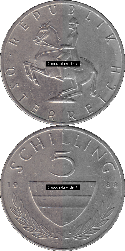 5 / Fünf Schilling Österreich in original Farbgebung von Scanner transparenten PNG 1968-2001, 5 Schilling 1988 (Stück 1), Reiter... Sammlung