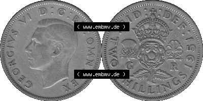 Alte Münze Großbritannien, Bild in s/w bzw. Graustufen PNG-Grafik, Umlaufmünze aus dem Zeitraum 1949-1951, 2 Schilling-Florin,... Sammlung
