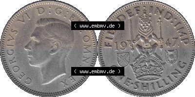 Alte Münze Großbritannien, Bild in Farbe bzw. Color PNG-Grafik 1947-1948, 1 One Schilling - One Shilling, 1947 (Stück 1) Sitzender... Sammlung