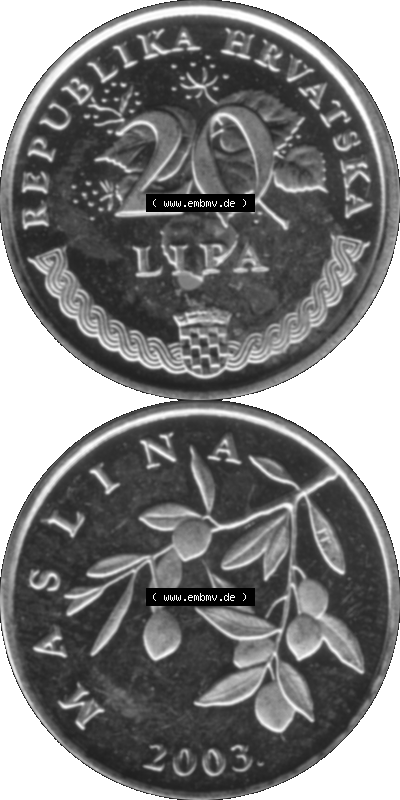Kroatien Umlaufmünze 1993-2021, 20 Lipa 2003 (Stück 1) Graustufen Graustufen Sammlung