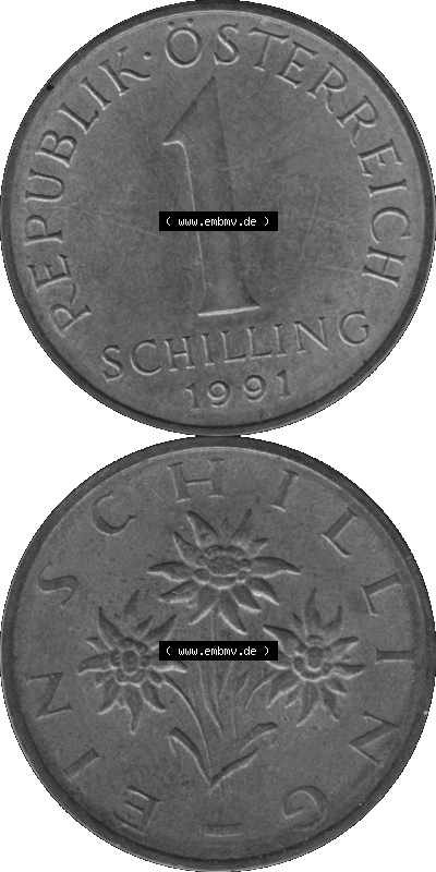 Österreich 1 / Ein Schilling in Graustufen 1959-2001, 1 Schilling 1991 (Stück 1) Graustufen Sammlung