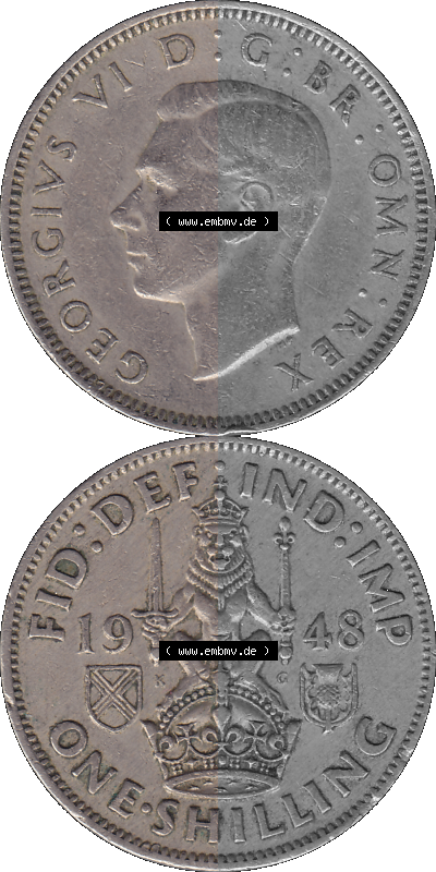 Alte Münze Großbritannien, Bild in Farbe bzw. Color PNG-Grafik 1947-1948, 1 One Schilling - One Shilling, 1948 (Stück 10) Sitzender... Sammlung