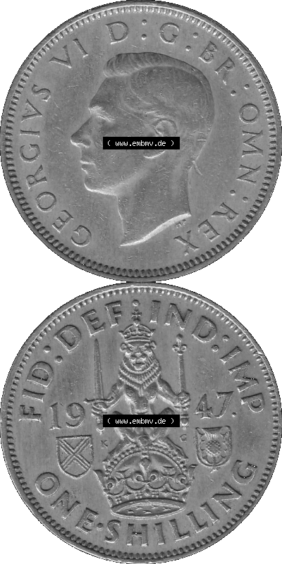Alte Münze Großbritannien, Bild in s/w bzw. Graustufen PNG-Grafik 1947-1948, 1 One Schilling - One Shilling, 1947 (Stück 1)... Sammlung