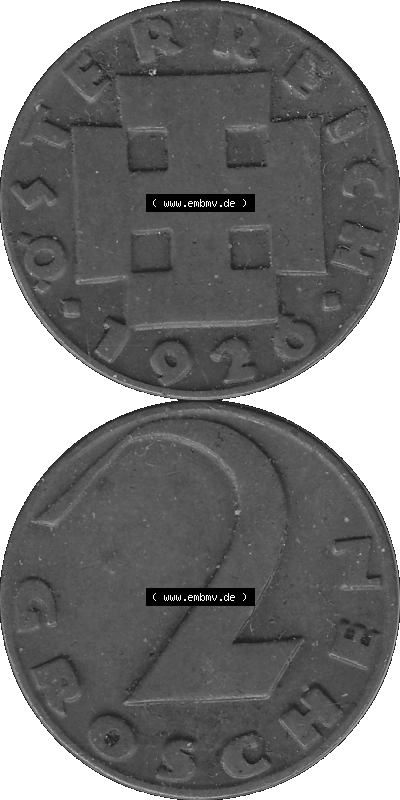 2 / Zwei Groschen Österreich in s/w Schwarzweiß bzw. Graustufen Farbgebung von Scanner transparenten PNG 1925-1938, 2 Zwei Groschen,... Sammlung