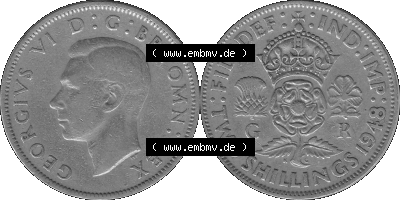 Alte Münze Großbritannien, Bild in s/w bzw. Graustufen PNG-Grafik, Umlaufmünze aus dem Zeitraum 1947-1948, 2 Schilling-Florin,... Sammlung
