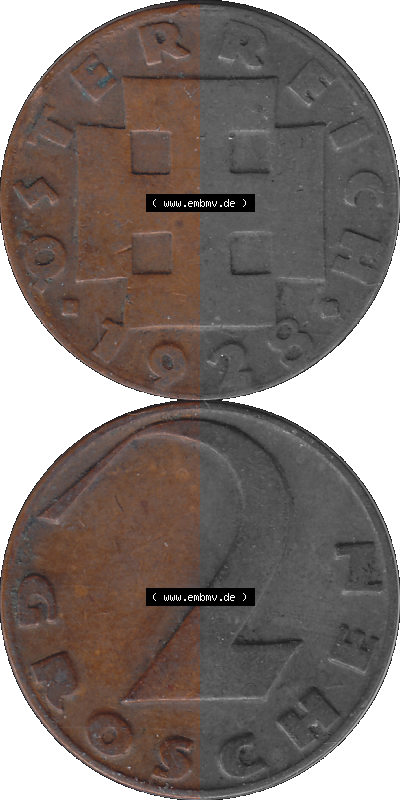 2 / Zwei Groschen Österreich in original Farbgebung von Scanner transparenten PNG 1925-1938, 2 Zwei Groschen, Krückenkreuz 1928... Sammlung
