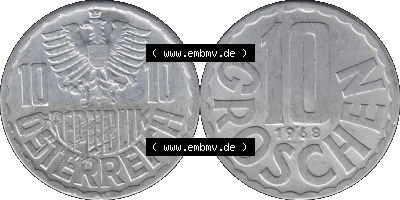 10 / Zehn Groschen Österreich in original Farbgebung von Scanner transparenten PNG 1951-2001, 10 Groschen 1968 (Stück 1) Sammlung