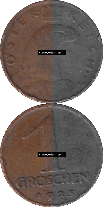 1 / Ein Groschen Österreich in original Farbgebung von Scanner transparenten PNG 1925-1938, 1-Ein Groschen, Adlerkopf mit Mauerkrone... Sammlung