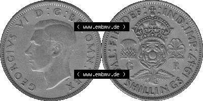 Alte Münze Großbritannien, Bild in s/w bzw. Graustufen PNG-Grafik, Umlaufmünze aus dem Zeitraum 1947-1948, 2 Schilling-Florin,... Sammlung