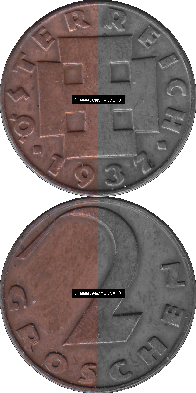 2 / Zwei Groschen Österreich in original Farbgebung von Scanner transparenten PNG 1925-1938, 2 Zwei Groschen, Krückenkreuz 1937... Sammlung
