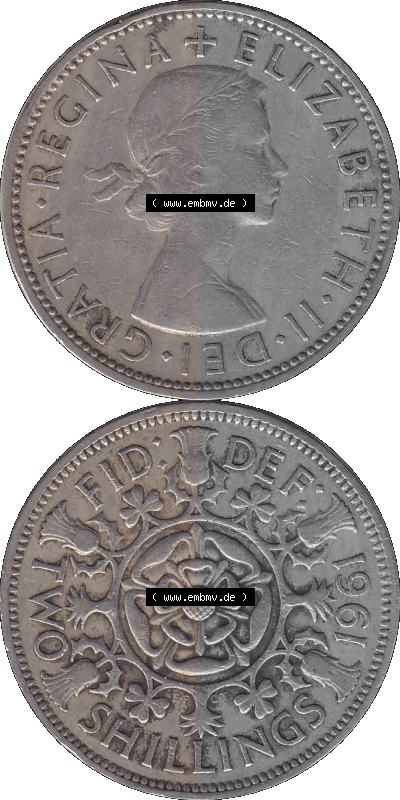 Alte Münze Großbritannien, Bild in Farbe bzw. Color PNG-Grafik, Umlaufmünze aus dem Zeitraum 1954-1970, 2 Schilling-Florin,... Sammlung