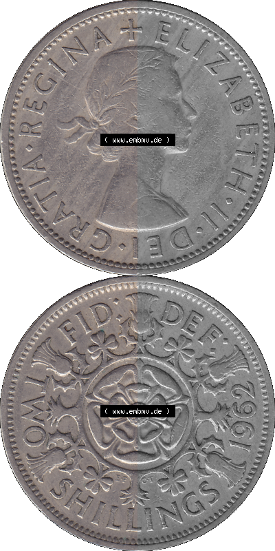Alte Münze Großbritannien, Bild in Farbe bzw. Color PNG-Grafik, Umlaufmünze aus dem Zeitraum 1954-1970, 2 Schilling-Florin,... Sammlung