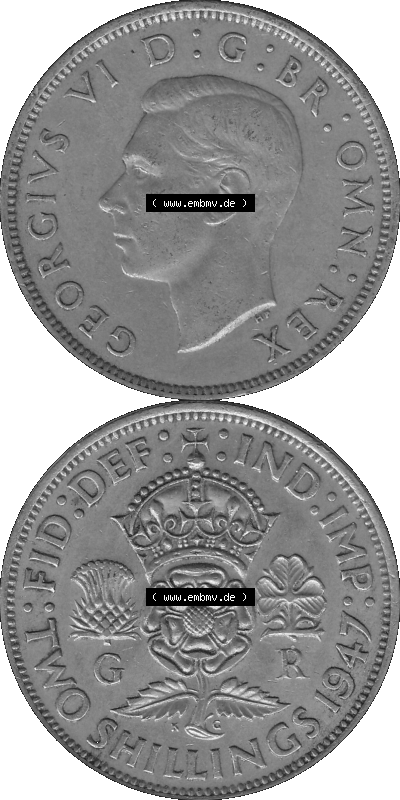 Alte Münze Großbritannien, Bild in s/w bzw. Graustufen PNG-Grafik, Umlaufmünze aus dem Zeitraum 1947-1948, 2 Schilling-Florin,... Sammlung