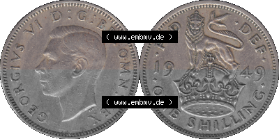 Alte Münze Großbritannien, Bild in Farbe bzw. Color PNG-Grafik 1949-1951, 1 One Schilling - One Shilling, 1949 (Stück 1) Stehender... Sammlung