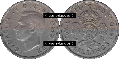 Alte Münze Großbritannien, Bild in Farbe bzw. Color PNG-Grafik, Umlaufmünze aus dem Zeitraum 1949-1951, 2 Schilling-Florin,... Sammlung