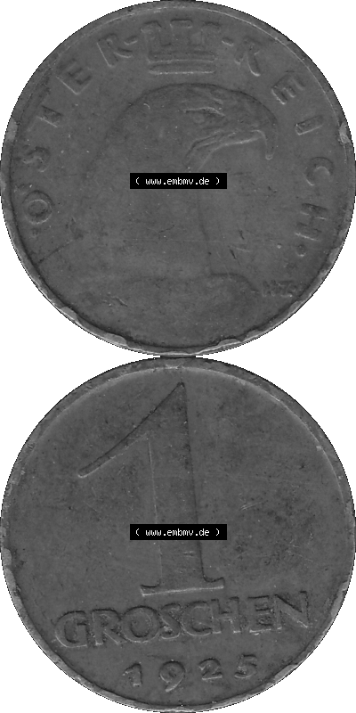 1 / Ein Groschen Österreich in s/w Schwarzweiß bzw. Graustufen Farbgebung von Scanner transparenten PNG 1925-1938, 1-Ein Groschen,... Sammlung