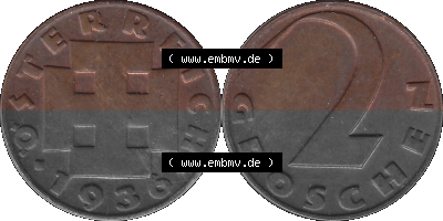 2 / Zwei Groschen Österreich in original Farbgebung von Scanner transparenten PNG 1925-1938, 2 Zwei Groschen, Krückenkreuz 1936... Sammlung