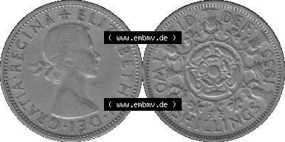 Alte Münze Großbritannien, Bild in s/w bzw. Graustufen PNG-Grafik, Umlaufmünze aus dem Zeitraum 1954-1970, 2 Schilling-Florin,... Sammlung