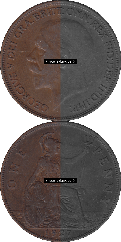 Großbritannien Umlaufmünze One Penny, 1 Pence 1927-1927, 1 One Penny, 1927 (Stück 1), George V, BM GEORGIVS V DEI GRABRITTOMNREX... Sammlung
