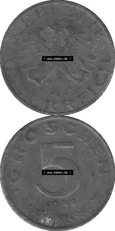 Österreich 5 / Fünf Groschen in s/w / grau / Graustufen 1948-1994, 5 Groschen 1948 (Stück 1) Graustufen Sammlung