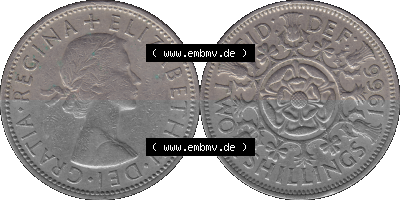 Alte Münze Großbritannien, Bild in Farbe bzw. Color PNG-Grafik, Umlaufmünze aus dem Zeitraum 1954-1970, 2 Schilling-Florin,... Sammlung