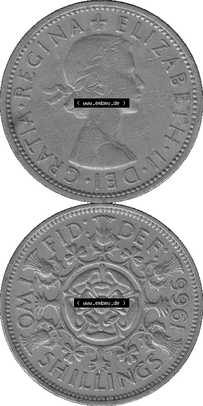 Alte Münze Großbritannien, Bild in s/w bzw. Graustufen PNG-Grafik, Umlaufmünze aus dem Zeitraum 1954-1970, 2 Schilling-Florin,... Sammlung