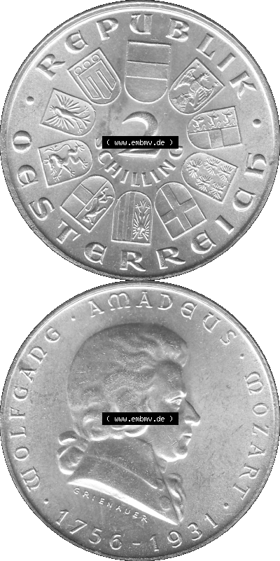 Österreich 1931-1931, 2 Schilling 1931 (Stück 1), Silbermünze Wolfgang Amadeus Mozart Graustufen Sammlung