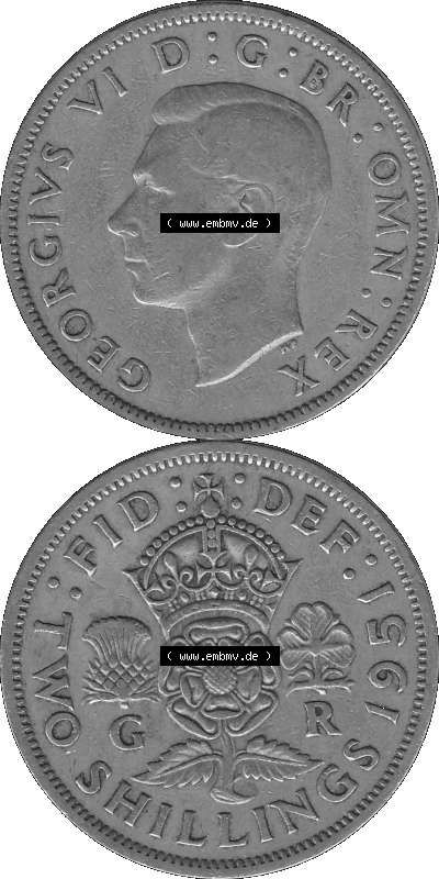 Alte Münze Großbritannien, Bild in s/w bzw. Graustufen PNG-Grafik, Umlaufmünze aus dem Zeitraum 1949-1951, 2 Schilling-Florin,... Sammlung