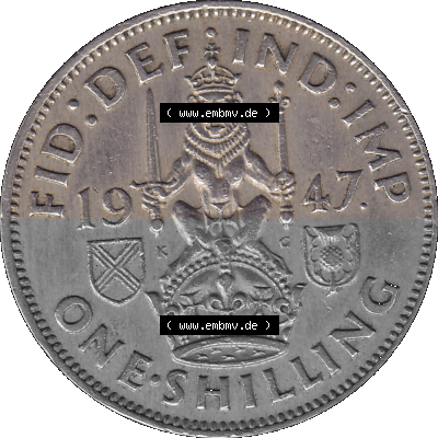 Alte Münze Großbritannien, Bild in Farbe bzw. Color PNG-Grafik 1947-1948, 1 One Schilling - One Shilling, 1947 (Stück 1) Sitzender... Sammlung