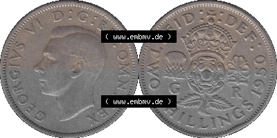 Alte Münze Großbritannien, Bild in Farbe bzw. Color PNG-Grafik, Umlaufmünze aus dem Zeitraum 1949-1951, 2 Schilling-Florin,... Sammlung