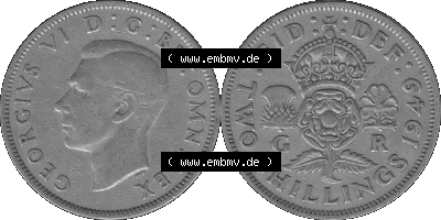 Alte Münze Großbritannien, Bild in s/w bzw. Graustufen PNG-Grafik, Umlaufmünze aus dem Zeitraum 1949-1951, 2 Schilling-Florin,... Sammlung