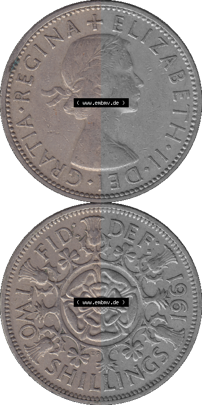 Alte Münze Großbritannien, Bild in Farbe bzw. Color PNG-Grafik, Umlaufmünze aus dem Zeitraum 1954-1970, 2 Schilling-Florin,... Sammlung